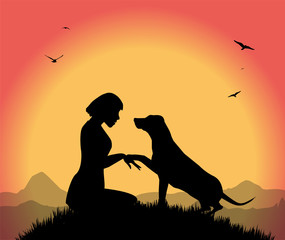silhouette di ragazza con il suo cane