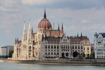Hungarian parliament along Danube river in Budapest