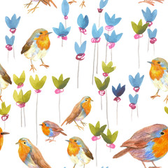 pencil sketch seamless pattern with flowers and bird
