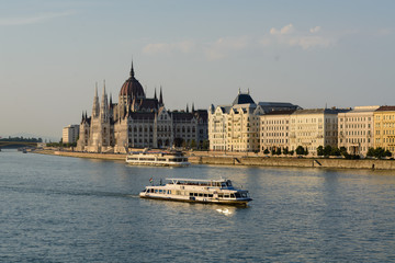 Hungarian parliament along Danube river in Budapest