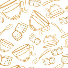 pencil sketch seamless pattern with tea