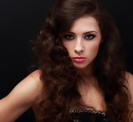 Closeup portrait of chic makeup woman with pink lips.