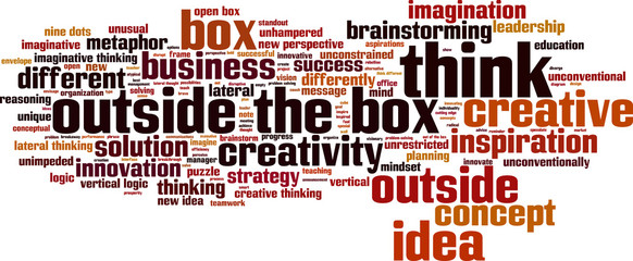 Think outside the box word cloud concept. Vector illustration