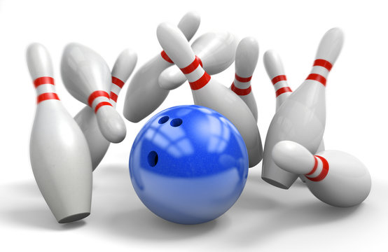 Blue ball hitting a perfect strike on ten-pin bowling