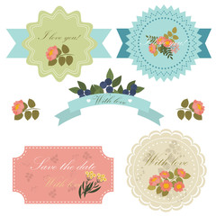 Set of lovely floral badges, labels and icons. Greeting card. In