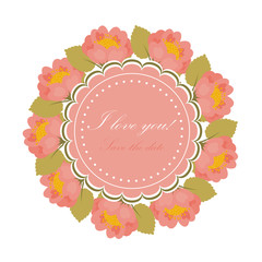 Card with wreath of flowers with place for text. Vector illustra