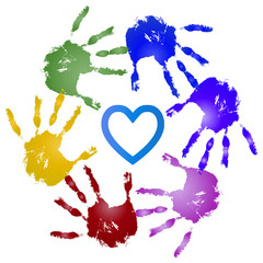 Conceptual children painted hand print and heart isolated