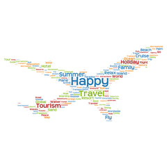 Fototapeta na wymiar Conceptual happy travel or tourism plane word cloud