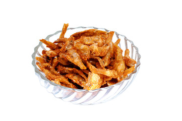 Dried fish on the glass bowl on white background