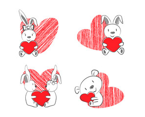 Valentine's Rabbits and Bear with Red Heart