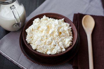 Delicious homemade cottage cheese with milk on the table