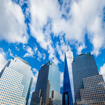Skyscrapers rising up to blue sky on Lower Manhattan