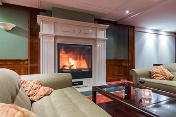 hotel lobby interior with fireplace