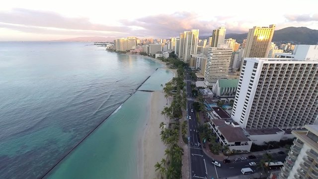 Aerial of Waikiki Beach and hotels in Waikiki, Hawaii, USA