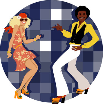 Couple Dressed In 1970s Fashion Dancing Disco