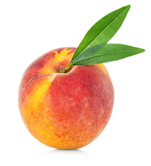 Peach with leaf isolated on white background