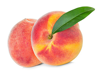 Peaches with leaf isolated on white background