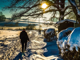 Junge Frau beim Winterspaziergang im Sonnenuntergang