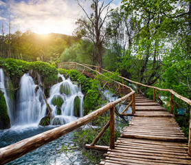Beautiful view of waterfalls  in Plitvice Lakes National Park. - obrazy, fototapety, plakaty