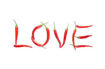 Love letter from red chili isolated on white background