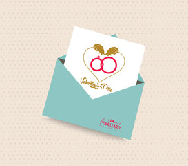 happy valentines day card with envelope heart and rings