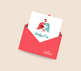 happy valentines day card with envelope heart and bird