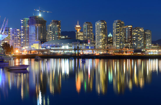 Vancouver City skyline and Rogers Arena at night, Vancouver, BC