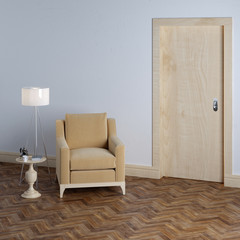 New empty room with beige armchair in classic interior design