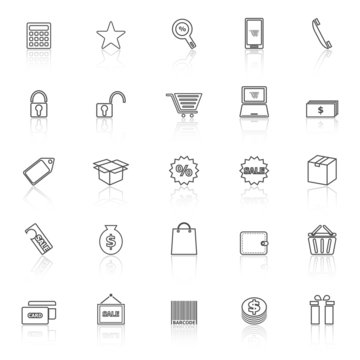 Shopping line icons with reflect on white background