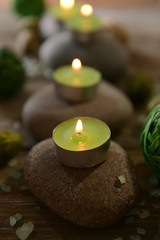 Composition of spa treatment on wooden background