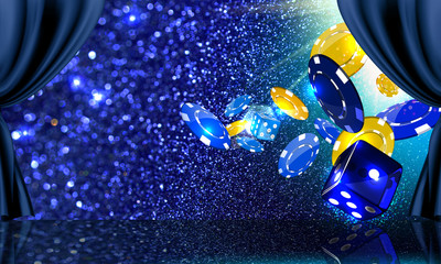 Stage with casino coins and dice flying out at the viewer
