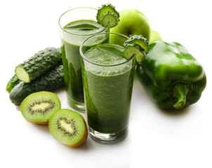 Green fresh healthy juice with fruits and vegetables isolated