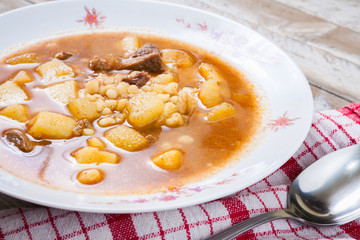 A dish of traditional Hungarian goulash, closeup
