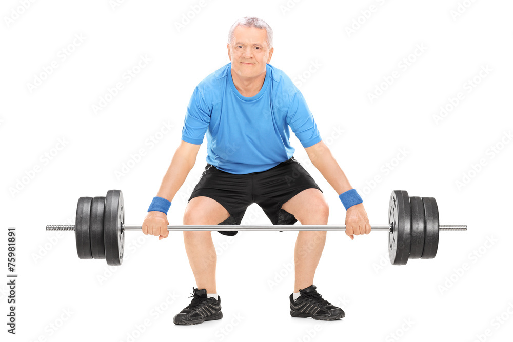 Poster strong mature man lifting a heavy weight