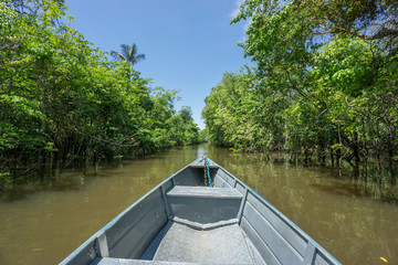 Boat over canal in Rio Negro, amazon river, Brazil