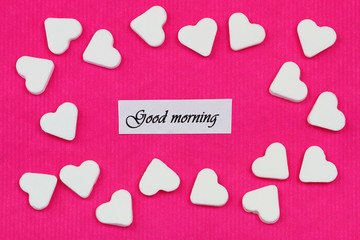 Good morning card with sugar hearts on pink background