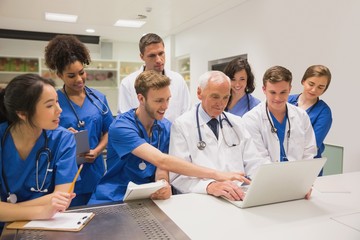 Medical students and professor using laptop