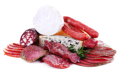 Assortment of smoked sausages with cheese isolated on white