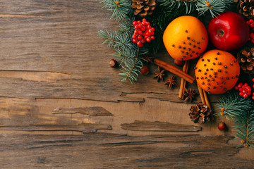 Fruits with nuts, spices and sprigs of Christmas tree - Powered by Adobe