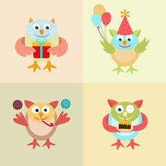 Set of funny owl cartoon for Birthday.