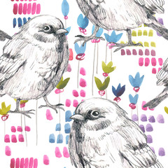 pencil sketch seamless pattern with flower and bird sparrow - 75985074