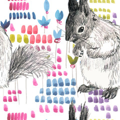 pencil and watercolor sketch seamless pattern squirrels - 75985081