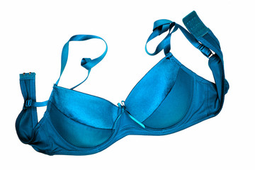 A blue bra close-up on the white background