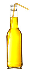 Colorful alcoholic beverage in glass bottle isolated on white