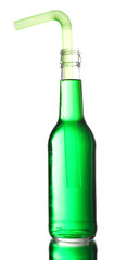 Colorful alcoholic beverage in glass bottle isolated on white