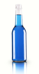 Colorful alcoholic beverage in glass bottle isolated on white