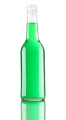Colorful alcoholic beverage in glass bottle isolated on white