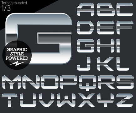 Silver chrome and aluminum vector alphabet set. Techno rounded