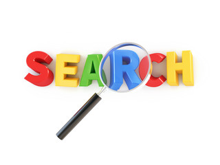 3d Search word with magnifying glass, isolated on white