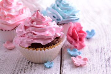 Fototapeta na wymiar Delicious cupcakes on table close-up